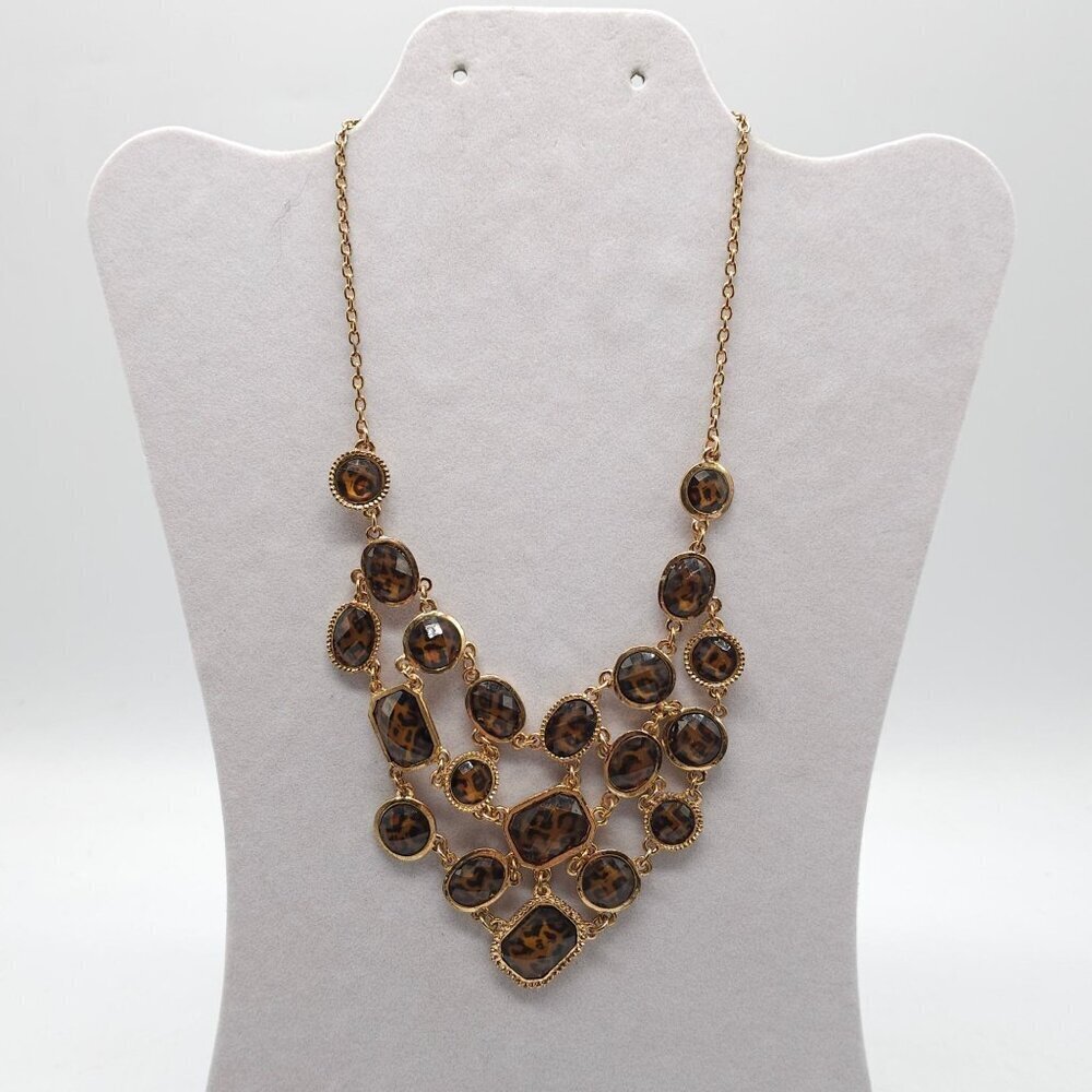 Gold Tone Statement Necklace With Leopard Print Resin Bib Design - Picture 1 of 4